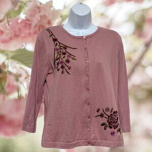 Apostrophe-Women's Large Sweater Button Embroidered Floral Design-Cotton, Nylon